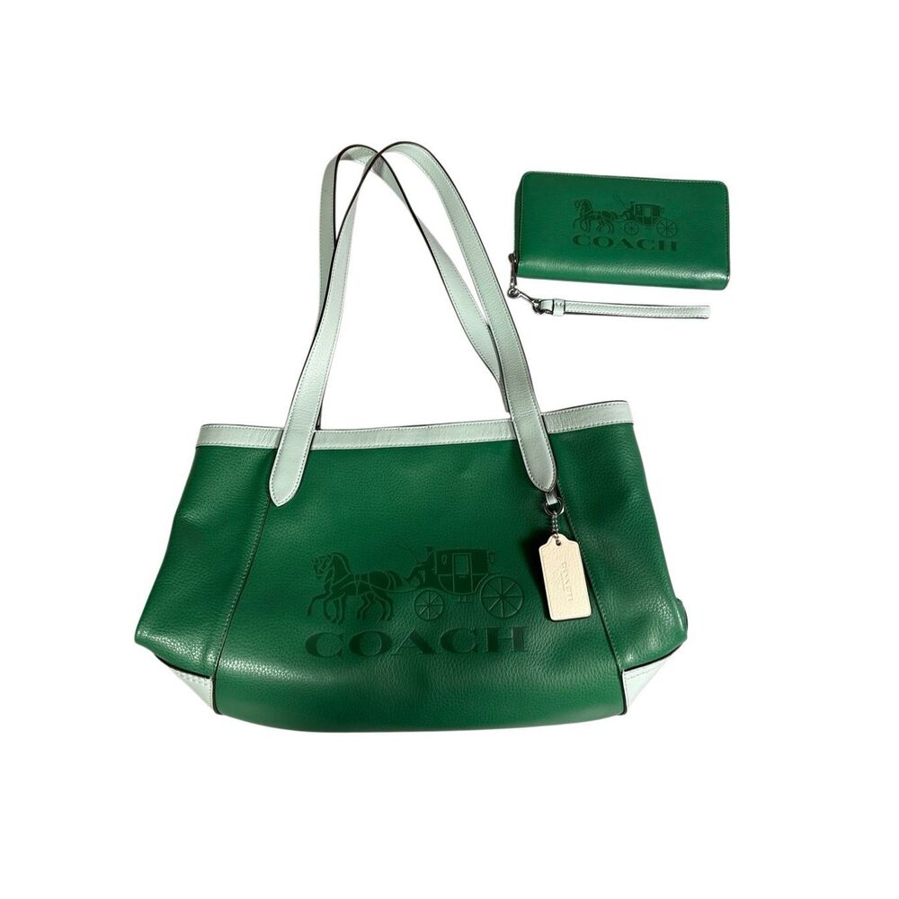 Coach Women’s Green Tote Bag & Wallet Set Pebbled Leather Shoulder Purse